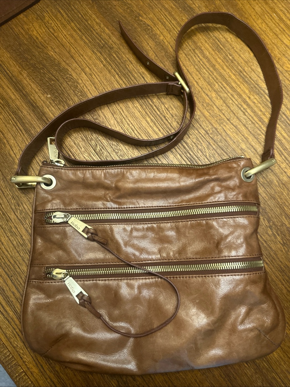 HOBO Tan Brown Leather Crossbody Bag with Gold Hardware
